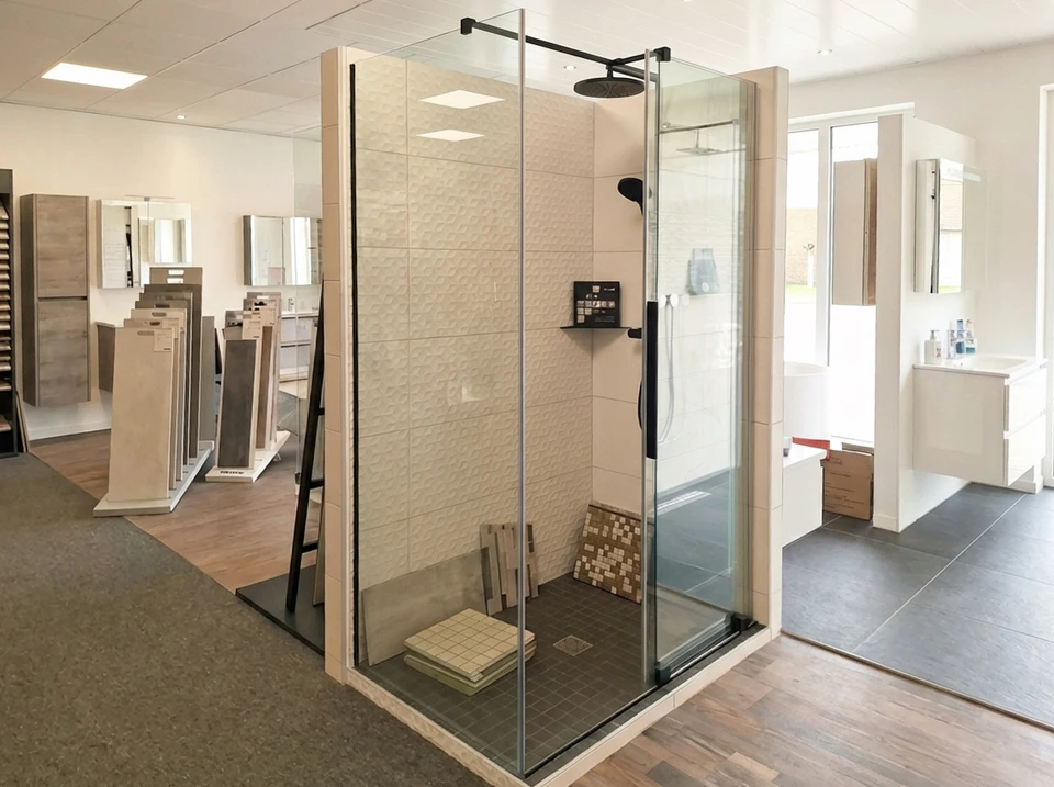 Salle de bain moderne haut de gamme avec douche à l'italienne vitrée, vasque rectangulaire blanche sur plan de toilette, robinetterie chromée contemporaine